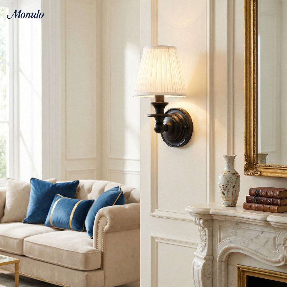 Linen Drum Shade Wall Sconce, Farmhouse Bedroom Wall Lamp