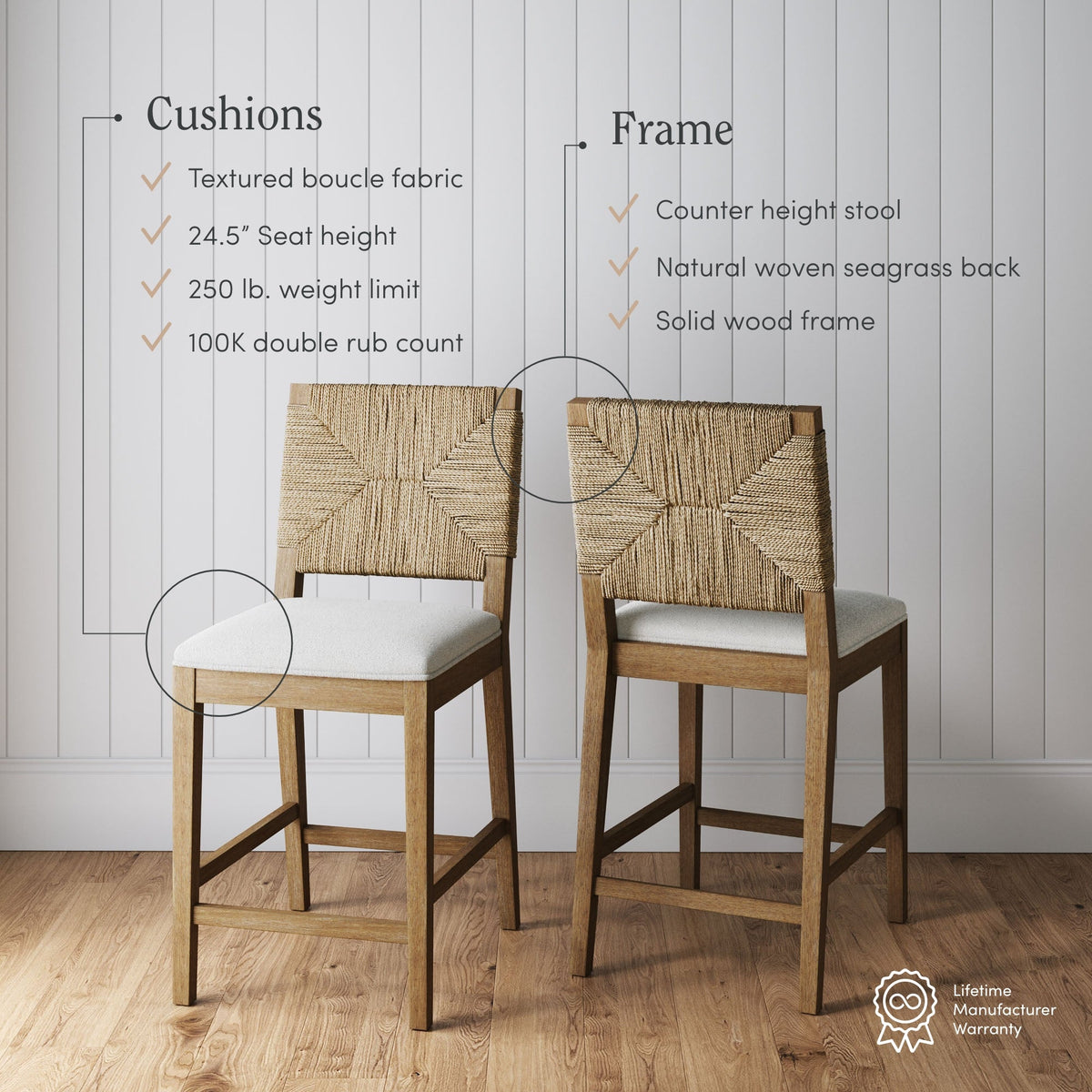 Boucle Counter Height Bar Stool, Woven Seagrass Back