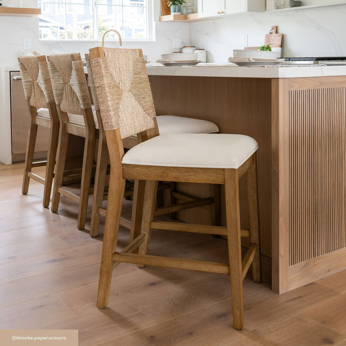 Boucle Counter Height Bar Stool, Woven Seagrass Back