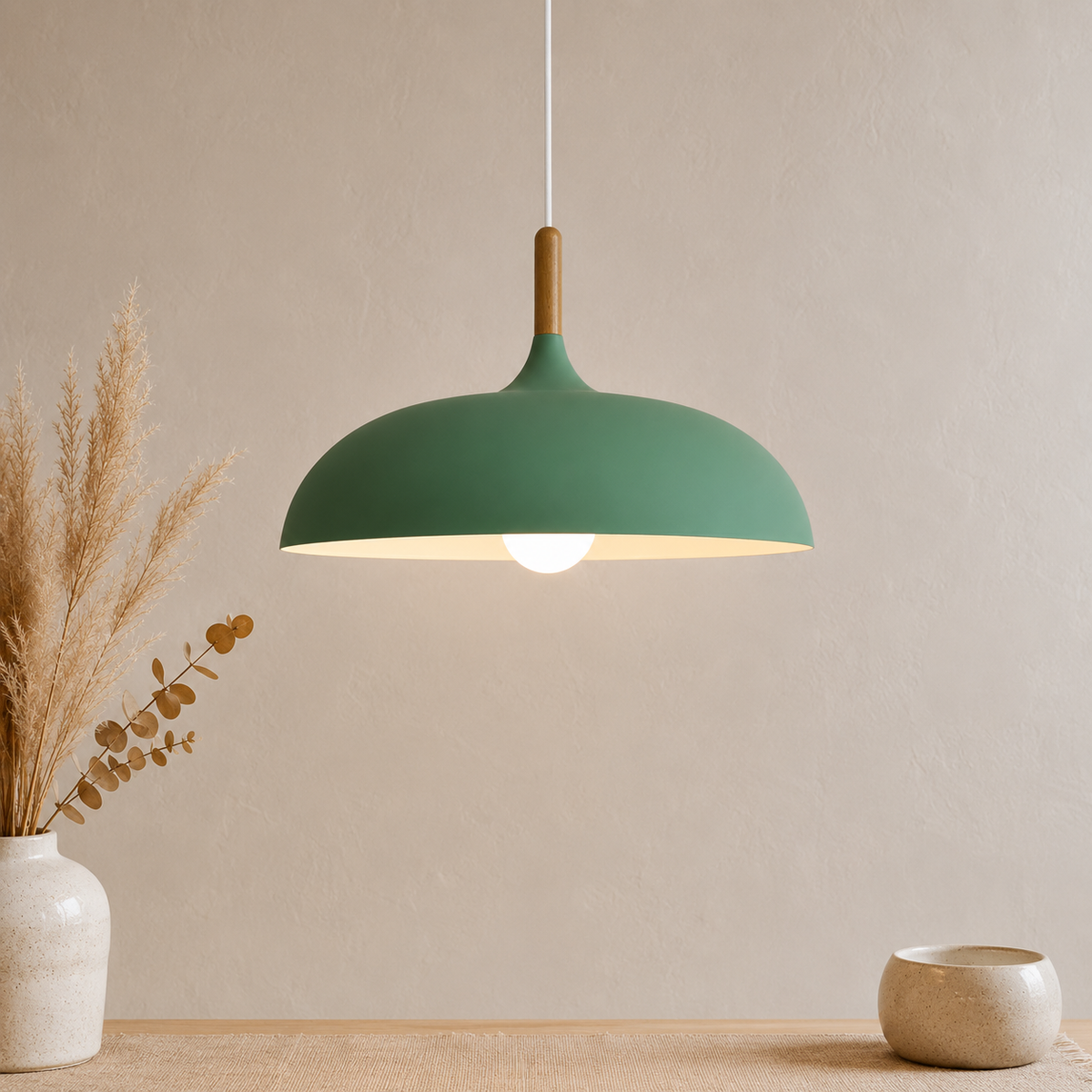 Bauhaus Dome Pendant Light, Wood and Aluminum Hanging Lamp