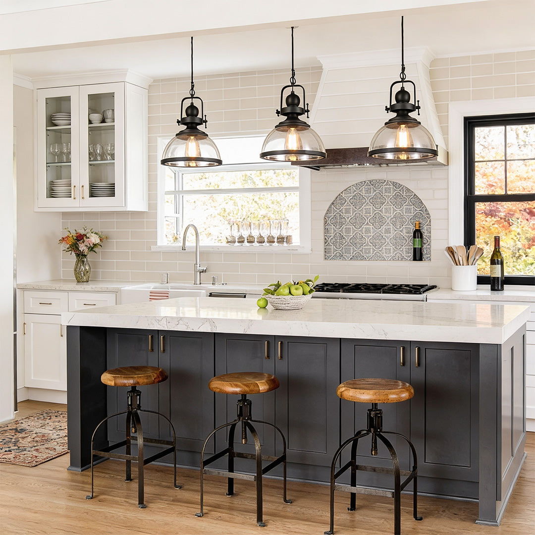 Clear Glass Bowl Pendant Light, Black Iron Industrial Lamp