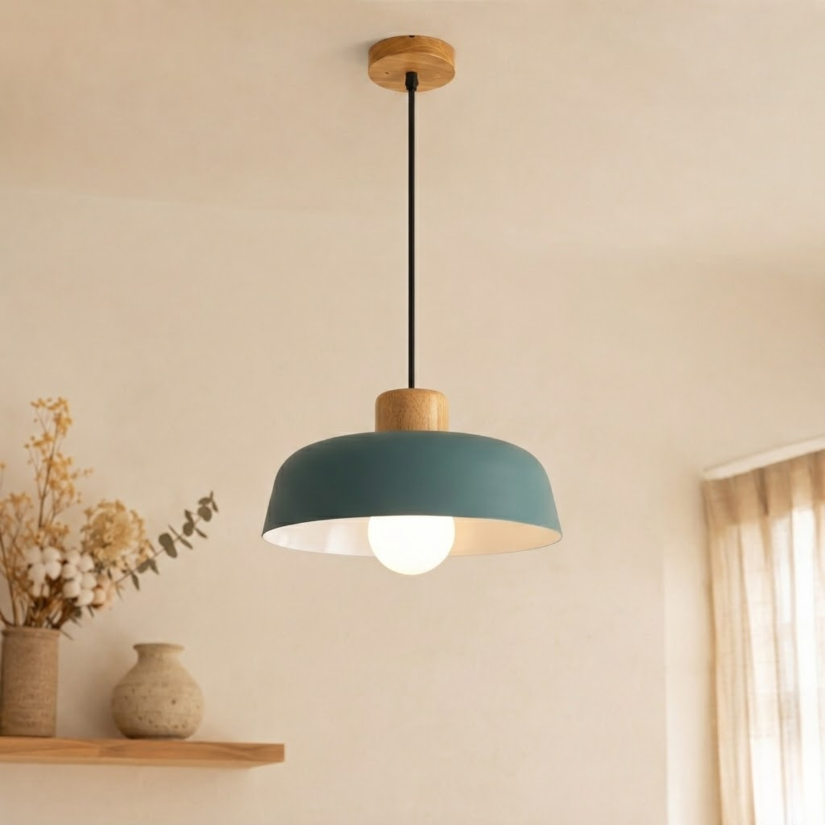 Bauhaus Dome Pendant Light, Colored Metal Shade, Wood Top