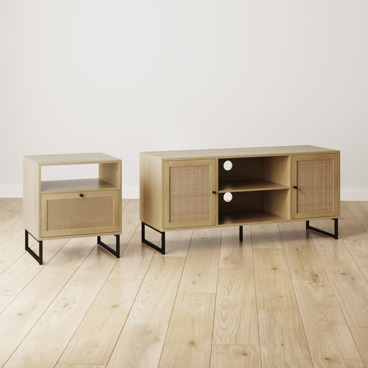 Cane Door Nightstand, Light Oak Bedside Table