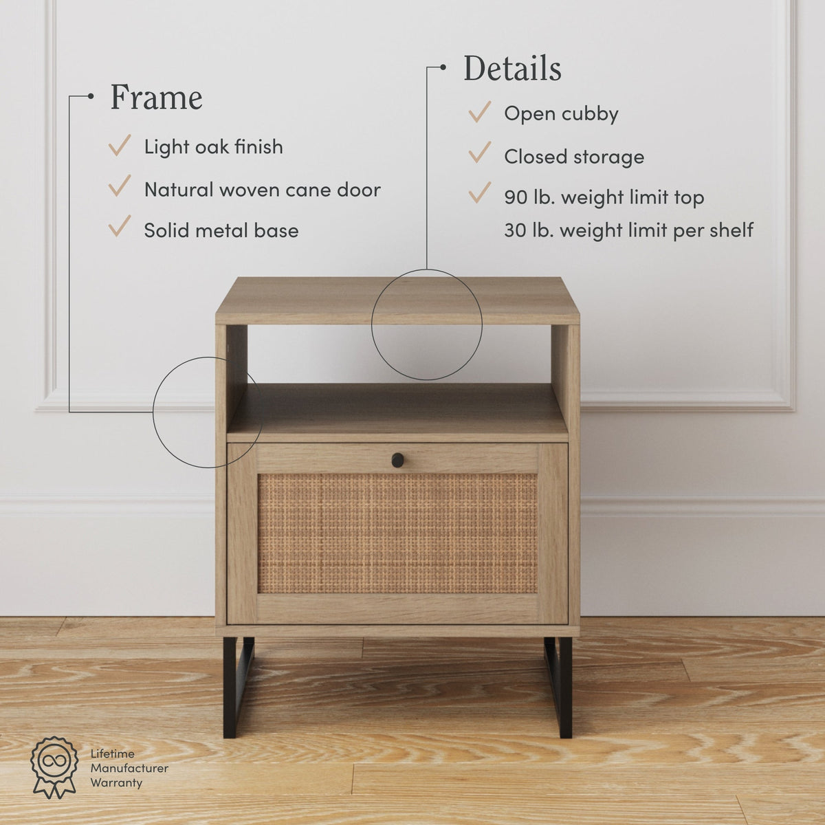 Cane Door Nightstand, Light Oak Bedside Table
