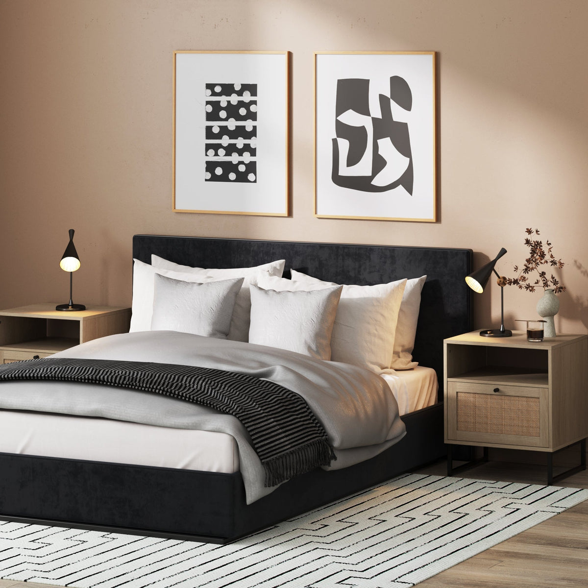 Rattan Nightstand with Cane Door, Light Oak Bedside Table