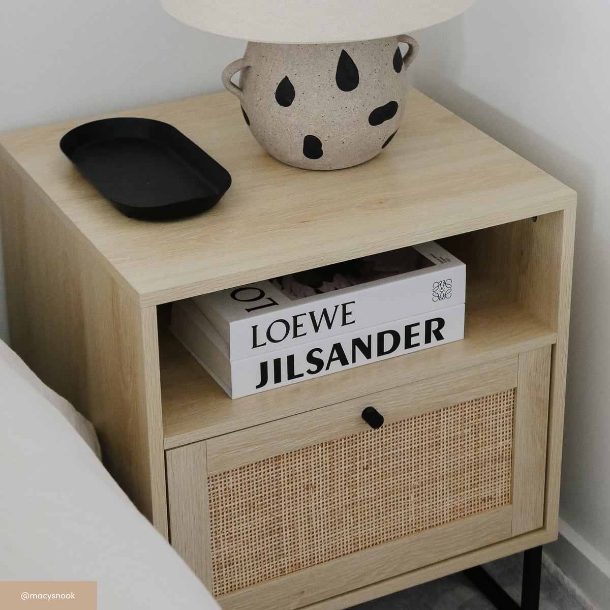Cane Door Nightstand, Light Oak Bedside Table