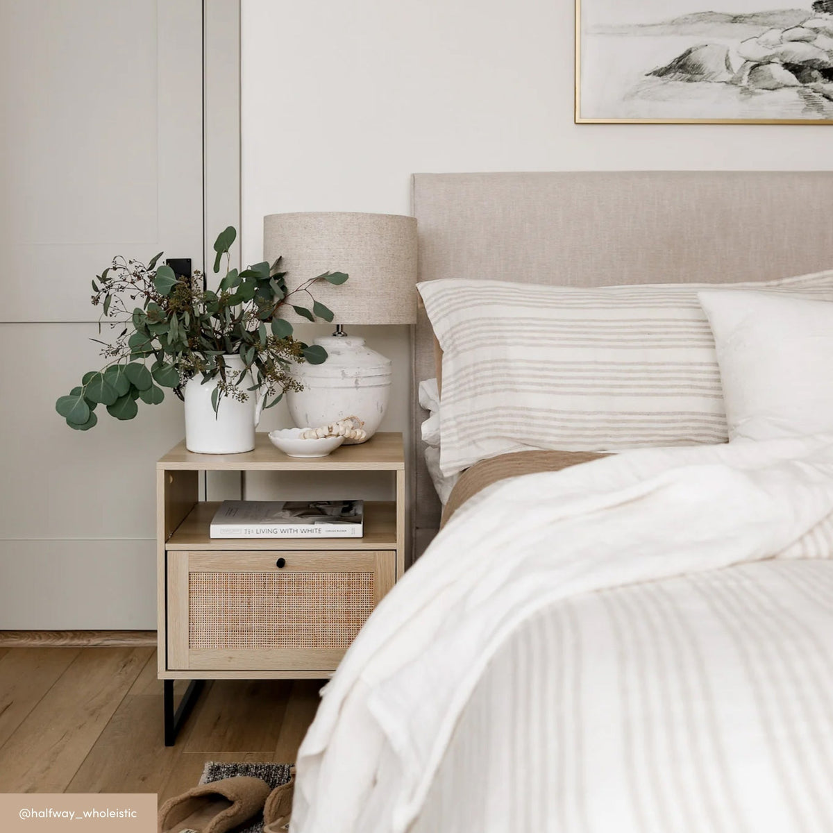 Cane Door Nightstand, Light Oak Bedside Table