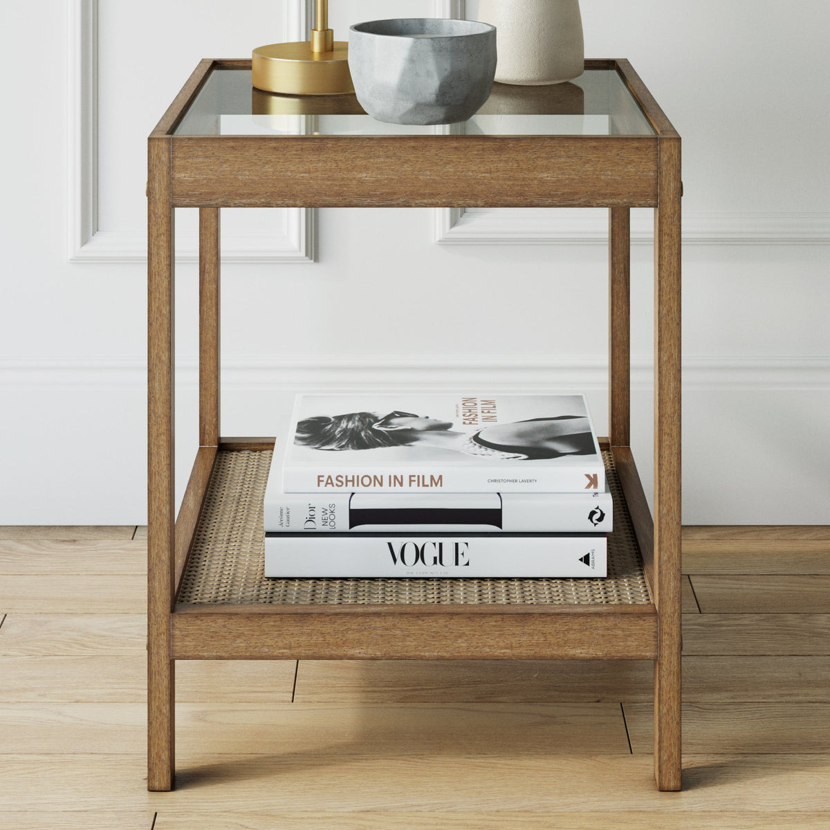 Rattan and Glass End Table, Solid Wood Side Table