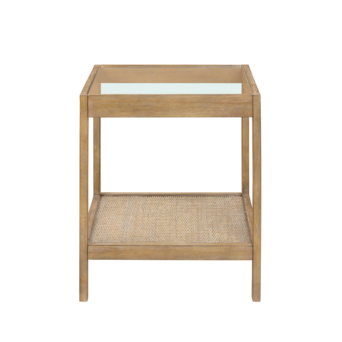 Rattan and Glass End Table, Solid Wood Side Table