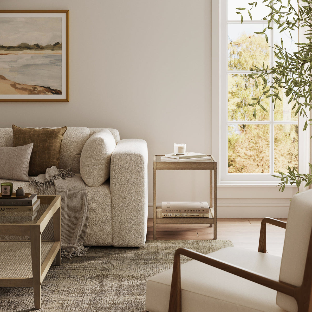 Rattan and Glass End Table, Solid Wood Side Table