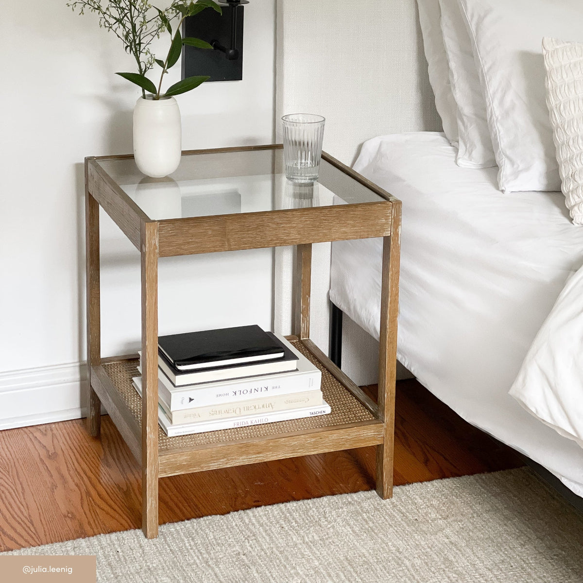 Rattan and Glass End Table, Solid Wood Side Table