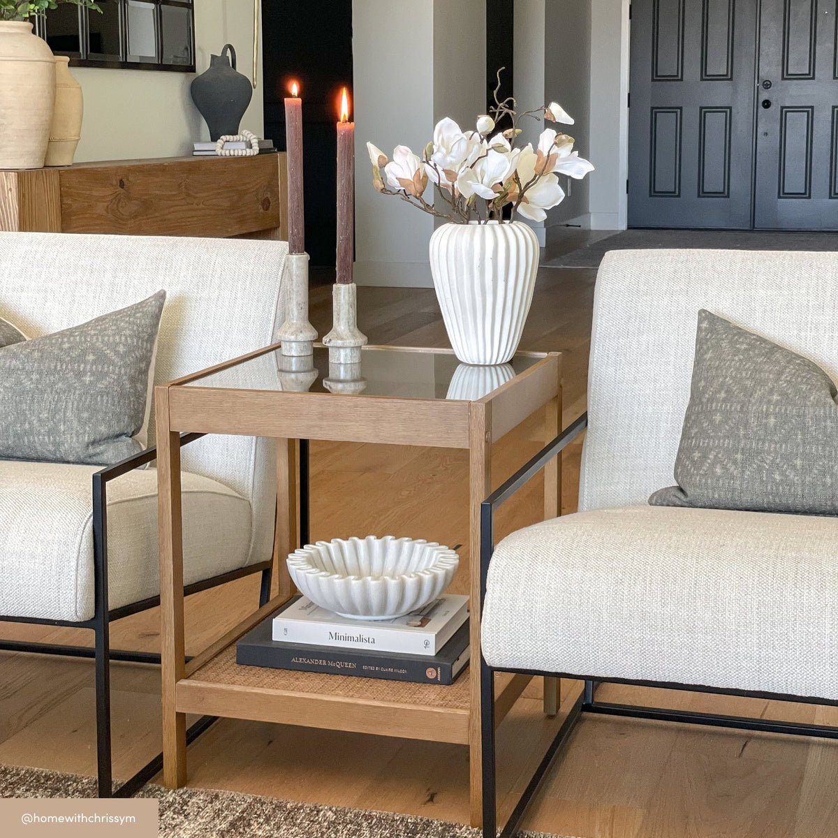Rattan and Glass End Table, Solid Wood Side Table