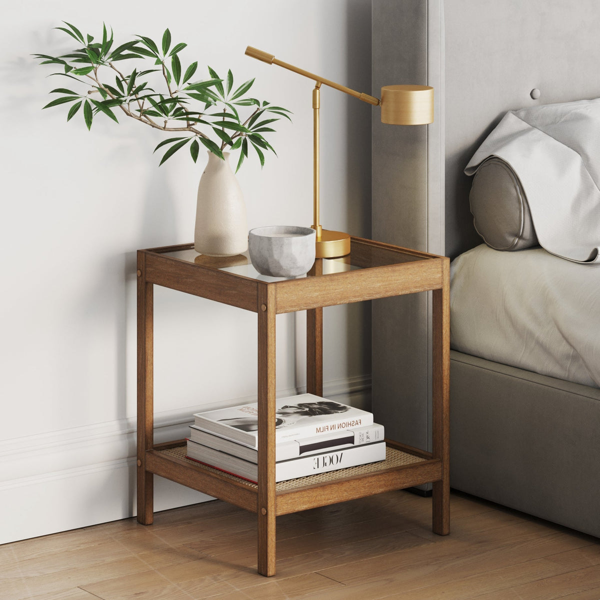 Rattan and Glass End Table, Solid Wood Side Table