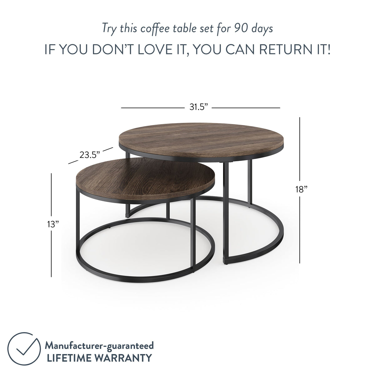 Round Nesting Coffee Table Set, Nutmeg and Black Metal