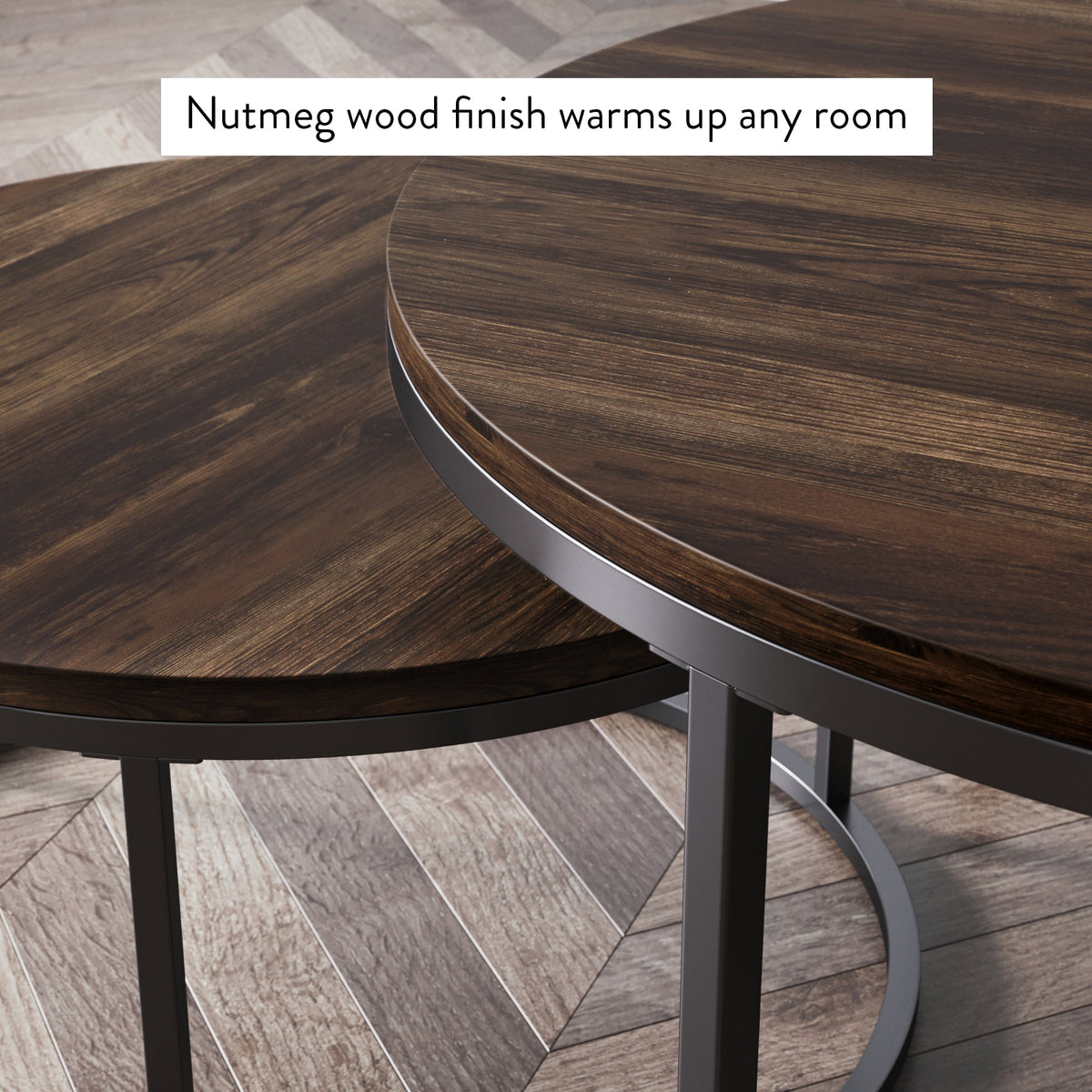 Round Nesting Coffee Table Set, Nutmeg and Black Metal