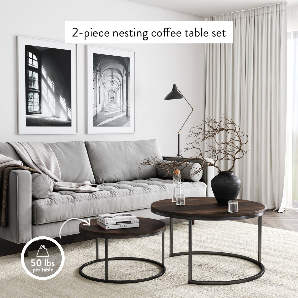Round Nesting Coffee Table Set, Nutmeg and Black Metal