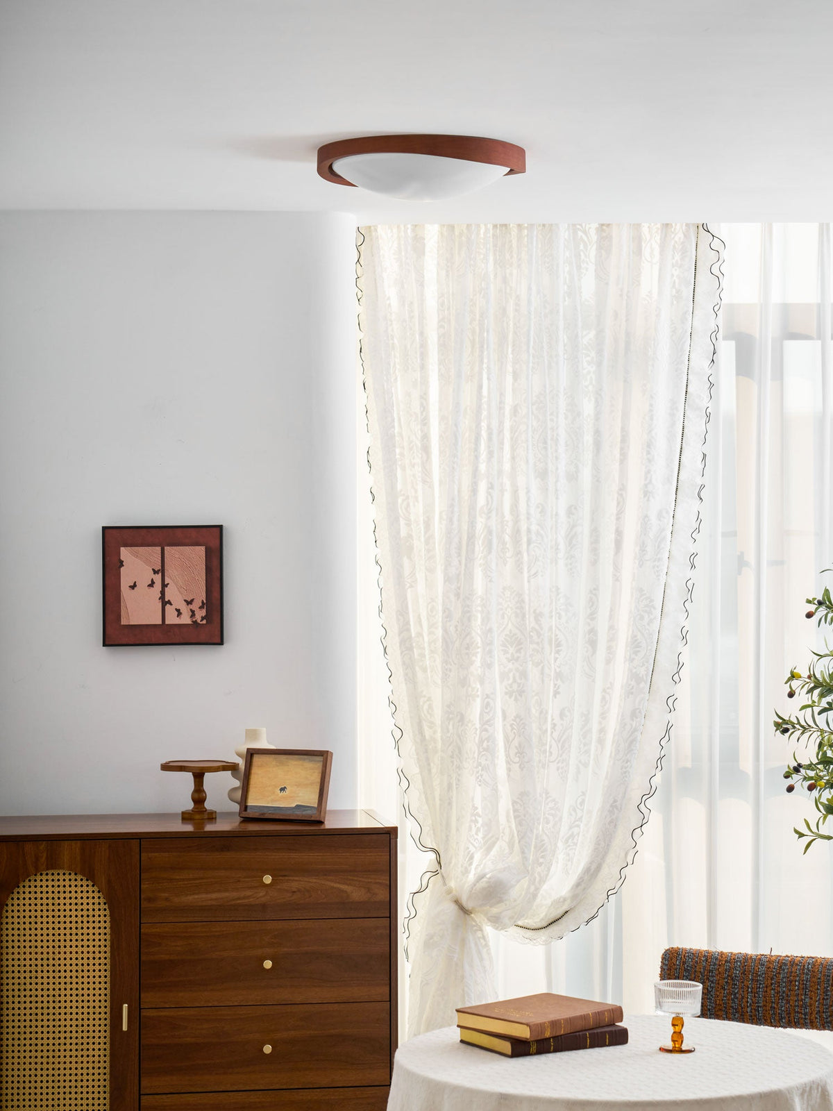 Walnut Flush Mount Ceiling Light, Curved Edge LED Lamp