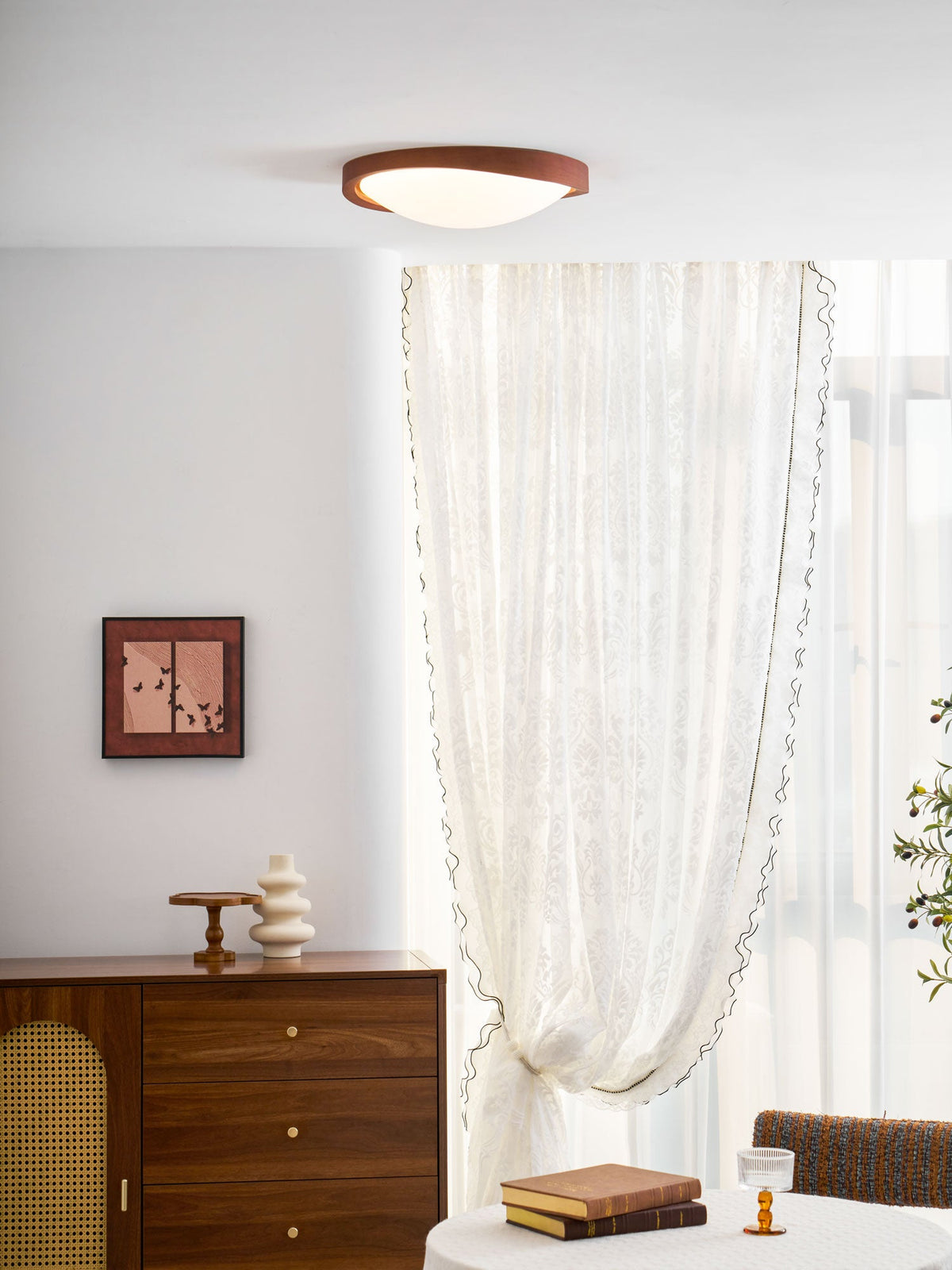 Walnut Flush Mount Ceiling Light, Curved Edge LED Lamp