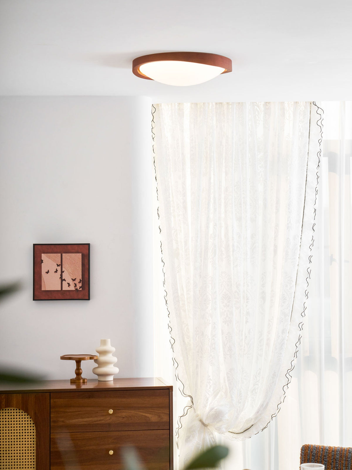 Walnut Flush Mount Ceiling Light, Curved Edge LED Lamp