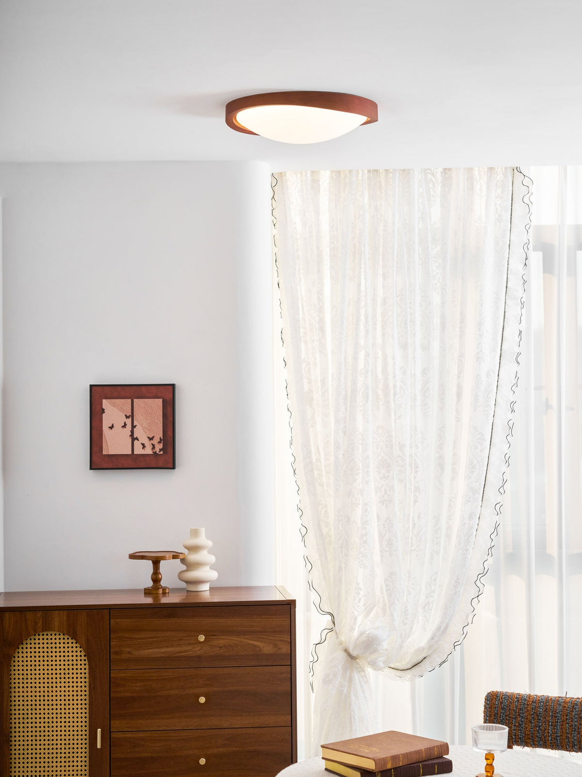 Walnut Flush Mount Ceiling Light, Curved Edge LED Lamp