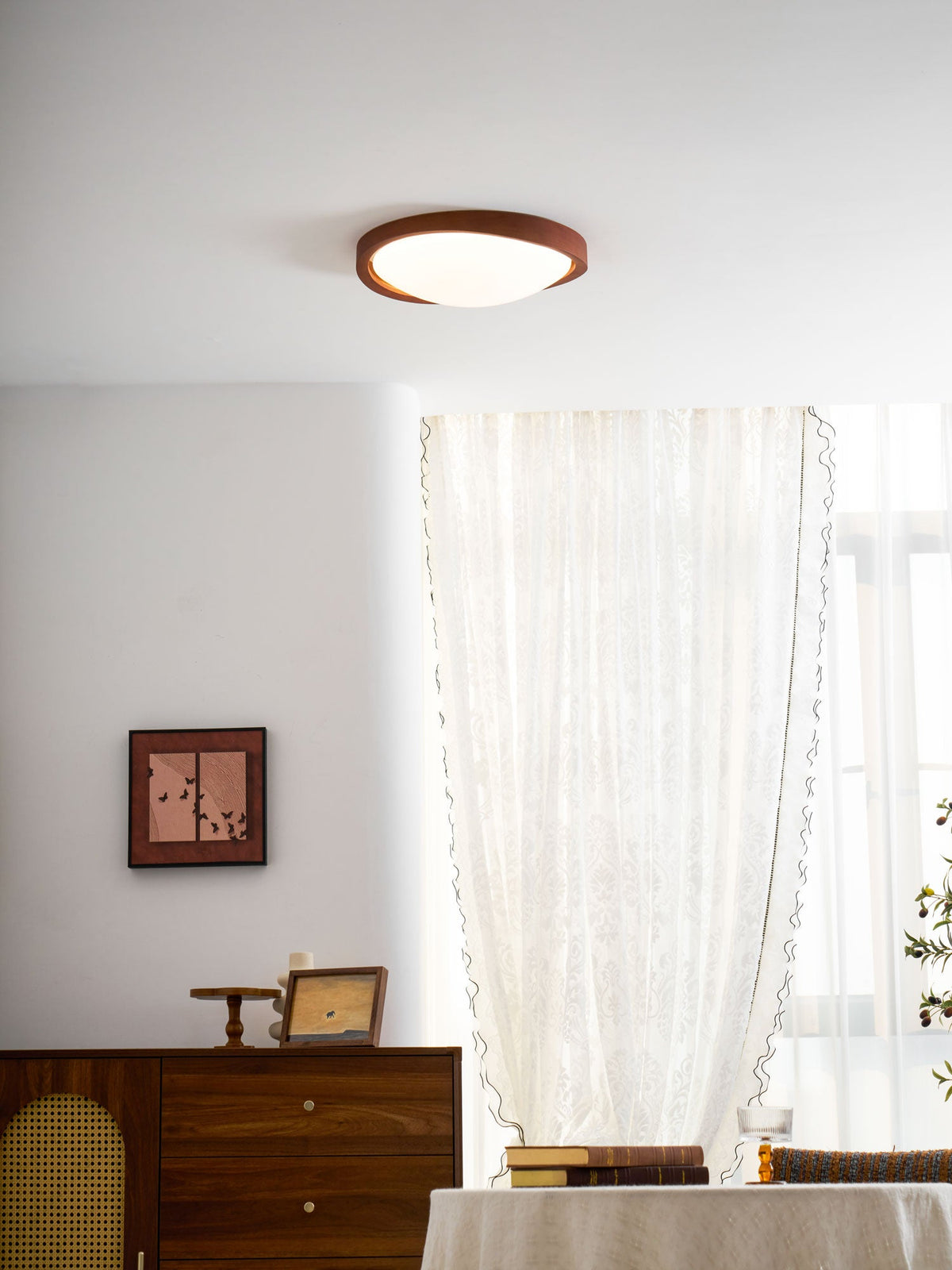 Walnut Flush Mount Ceiling Light, Curved Edge LED Lamp