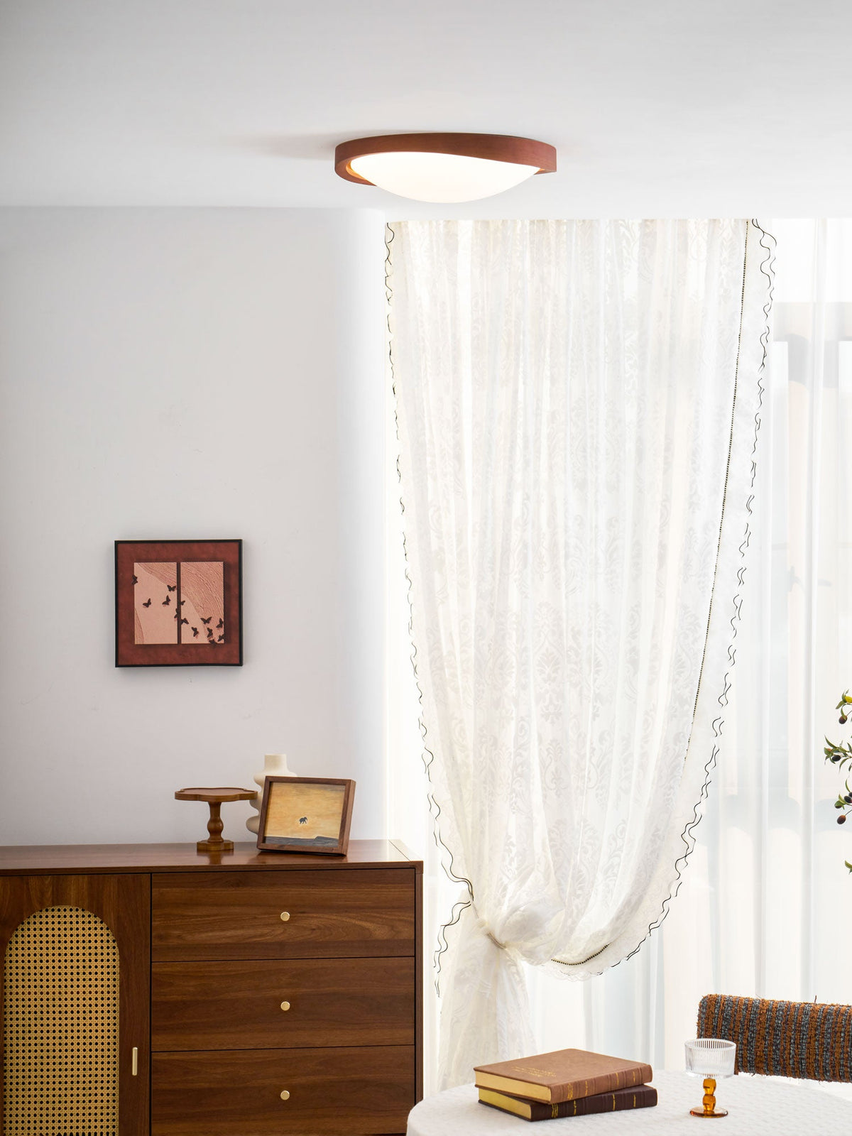 Walnut Flush Mount Ceiling Light, Curved Edge LED Lamp