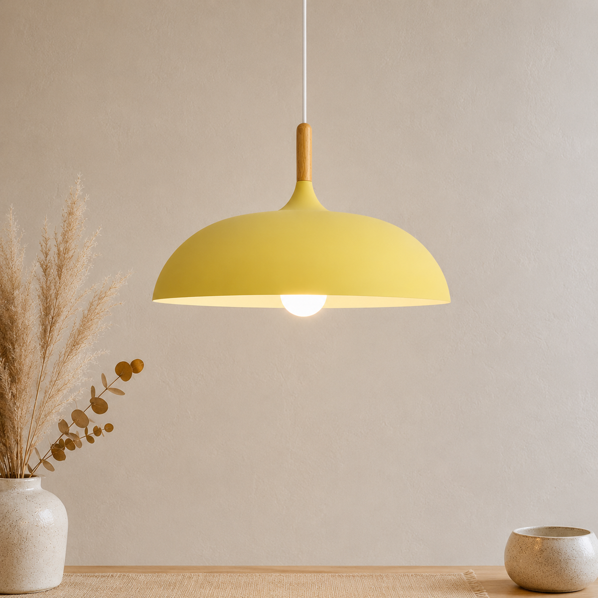 Bauhaus Dome Pendant Light, Wood and Aluminum Hanging Lamp