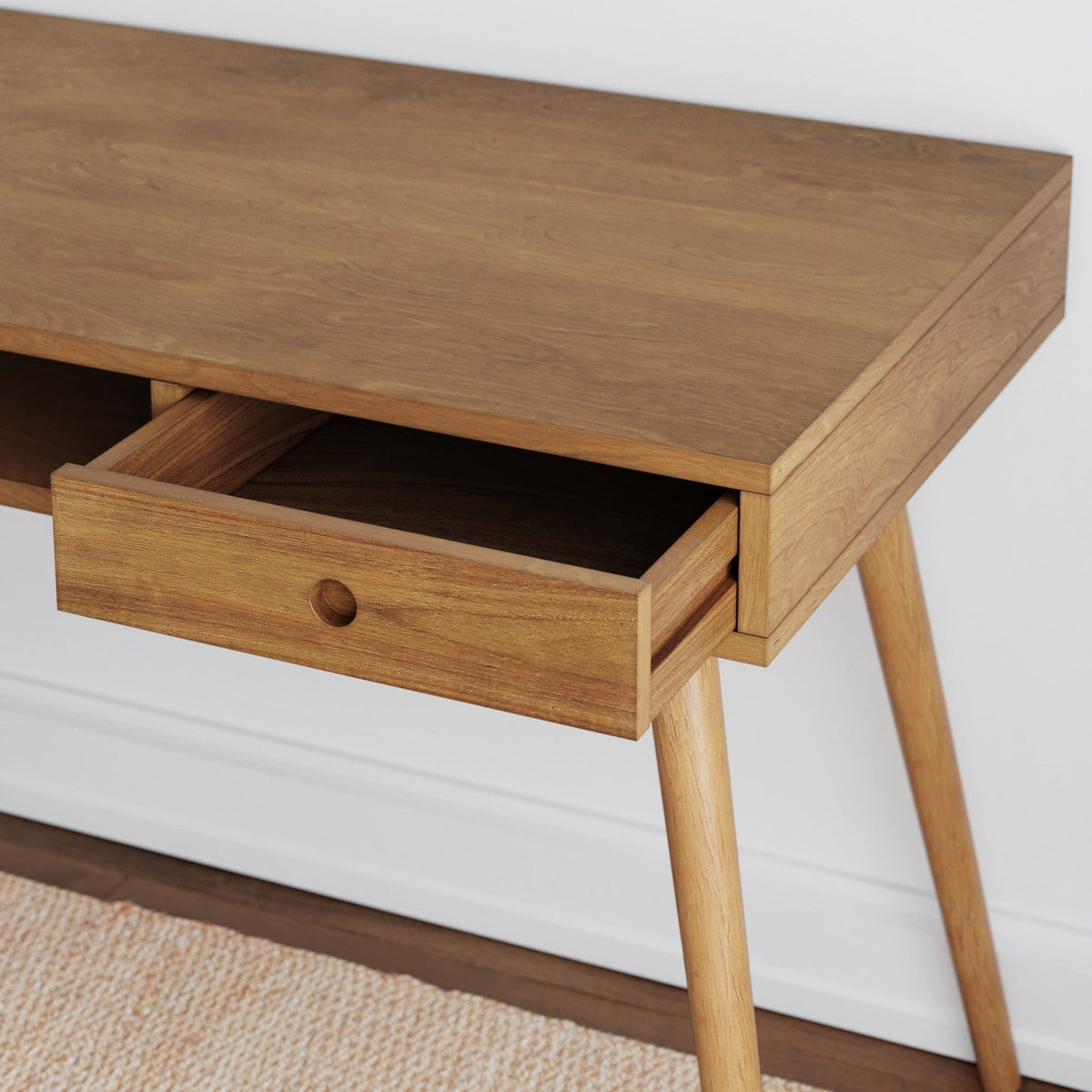 Wood Writing Desk, Mid-Century Acacia Desk with Drawer
