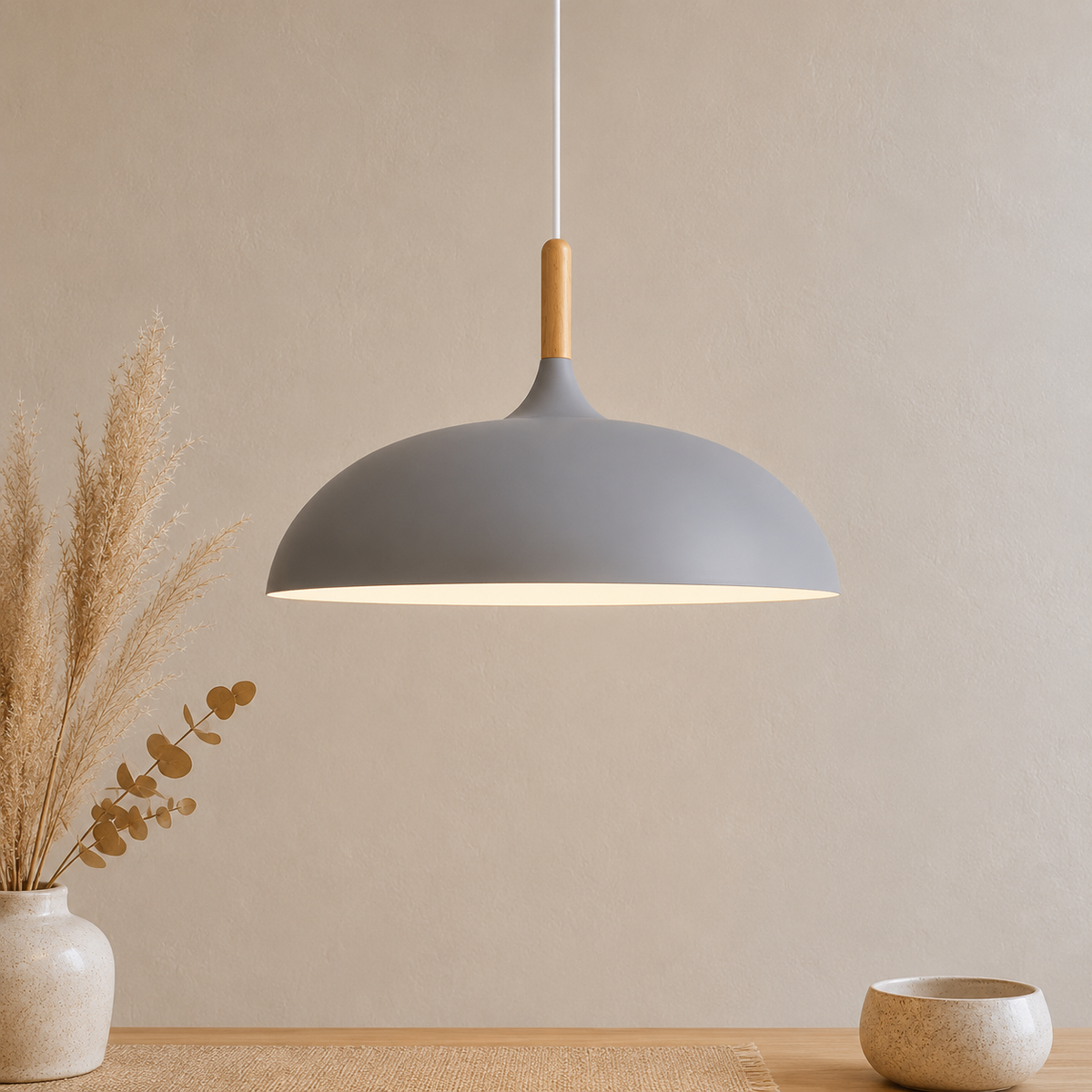 Bauhaus Dome Pendant Light, Wood and Aluminum Hanging Lamp