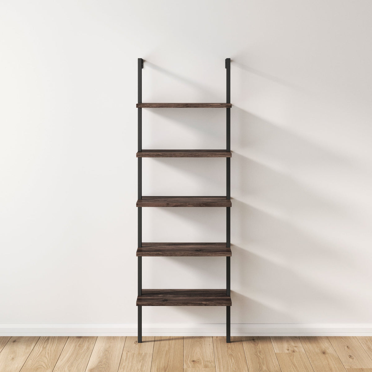 5-Shelf Ladder Bookshelf, Wall Mounted Black Metal Frame