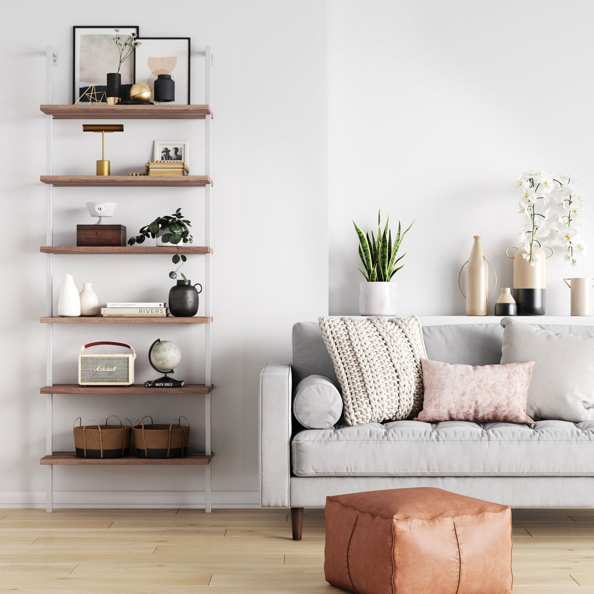 6-Shelf Ladder Bookshelf, Rustic Oak and White Metal Frame