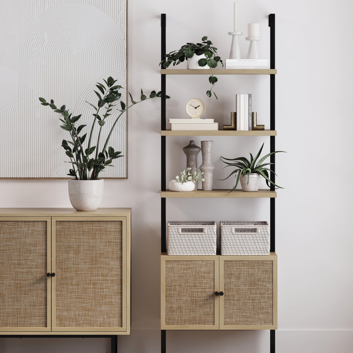 Rattan Door Ladder Bookshelf, Light Oak Cabinet Shelving