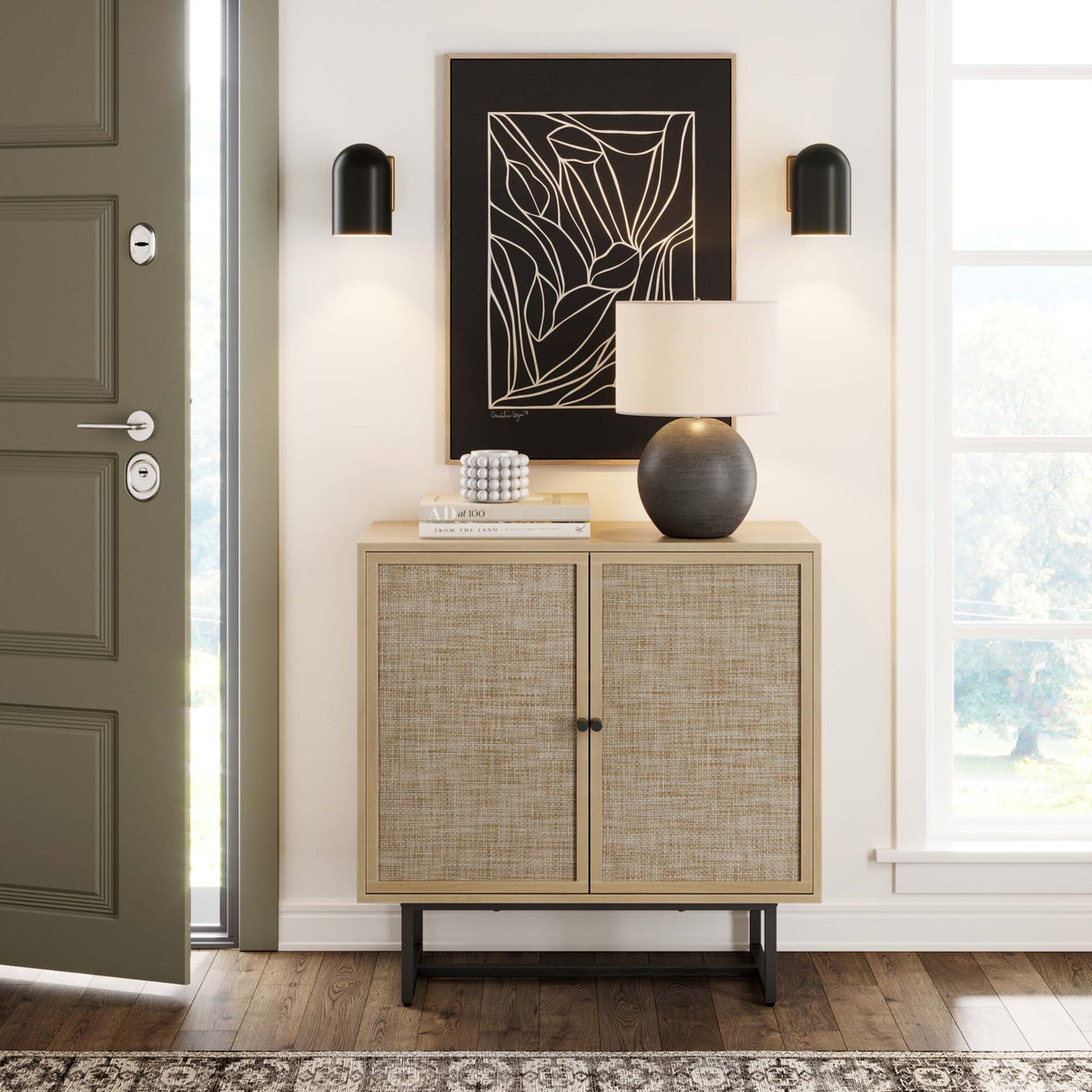 Rattan Storage Cabinet, Light Oak 2-Door Accent Cabinet