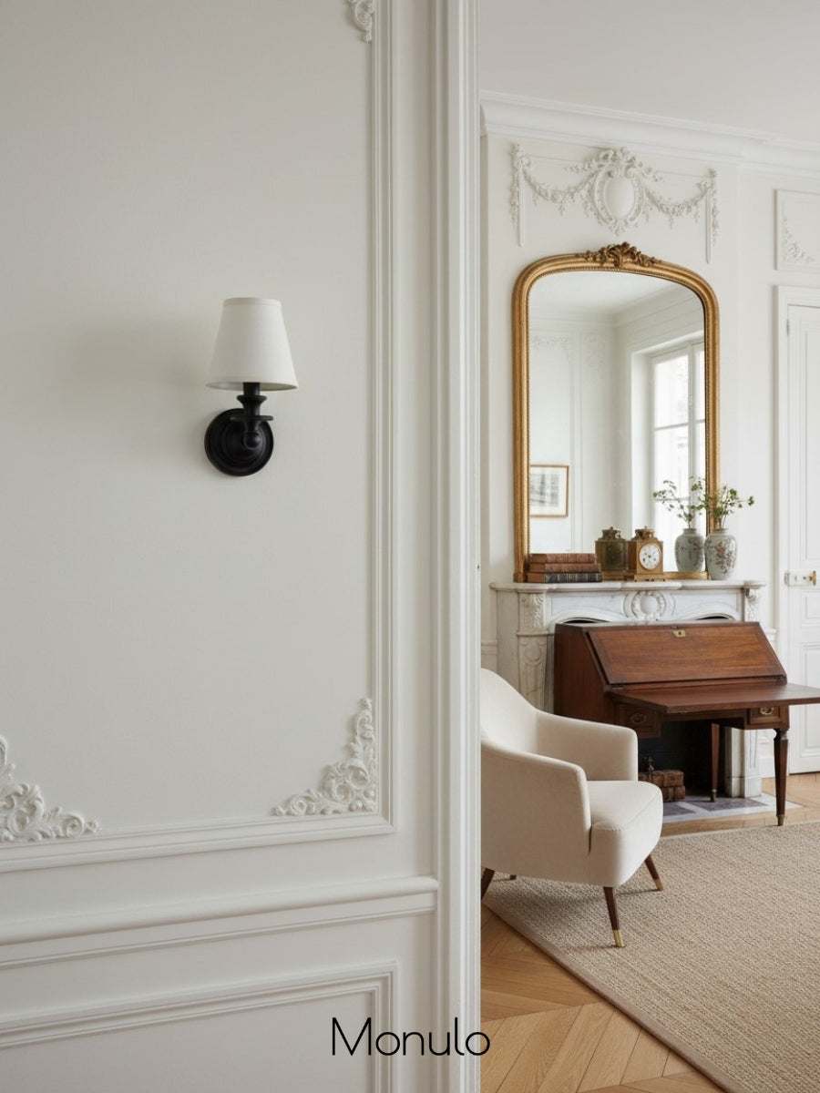 Linen Drum Shade Wall Sconce, Farmhouse Bedroom Wall Lamp