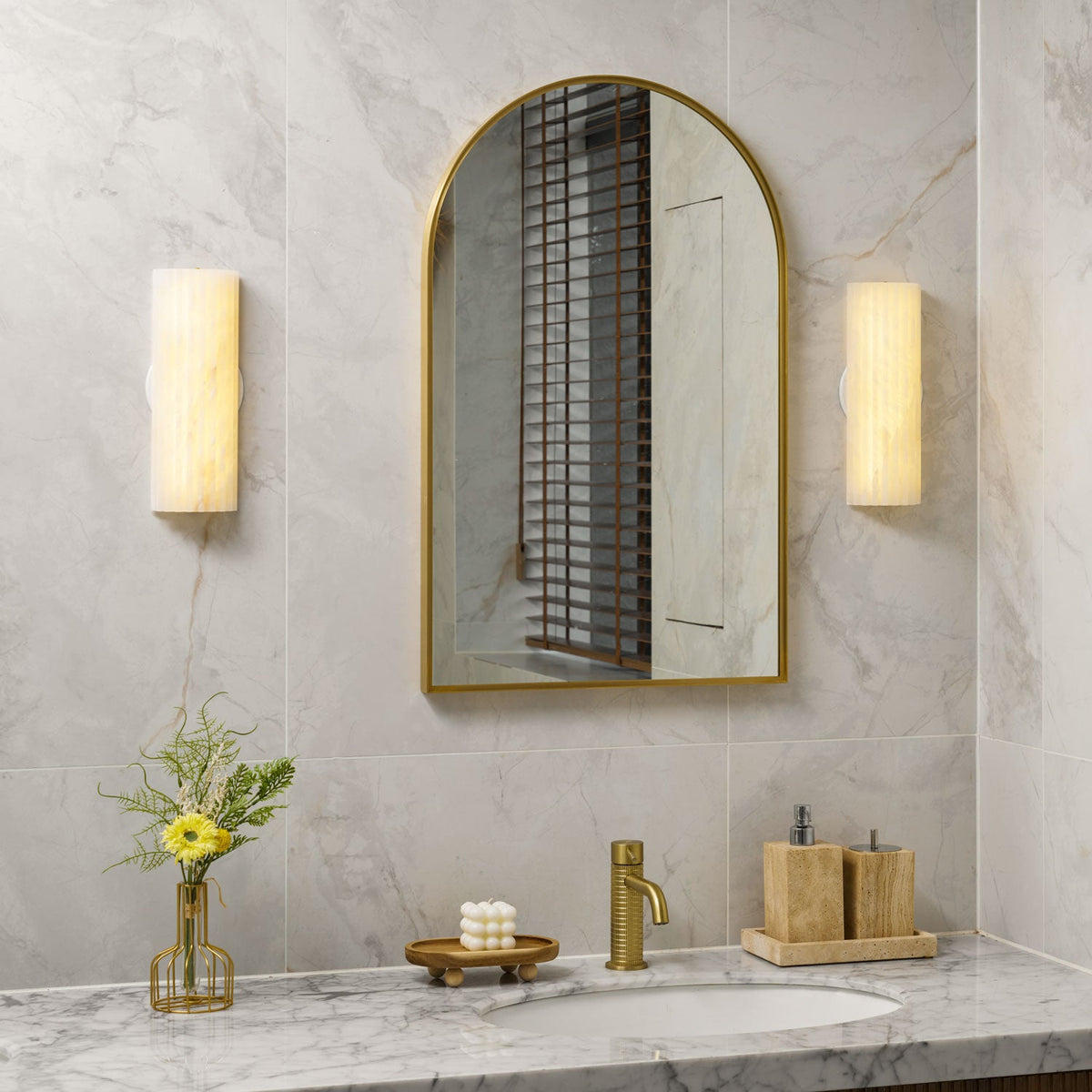 Ribbed Alabaster Wall Sconce, Dimmable LED Stone Wall Light