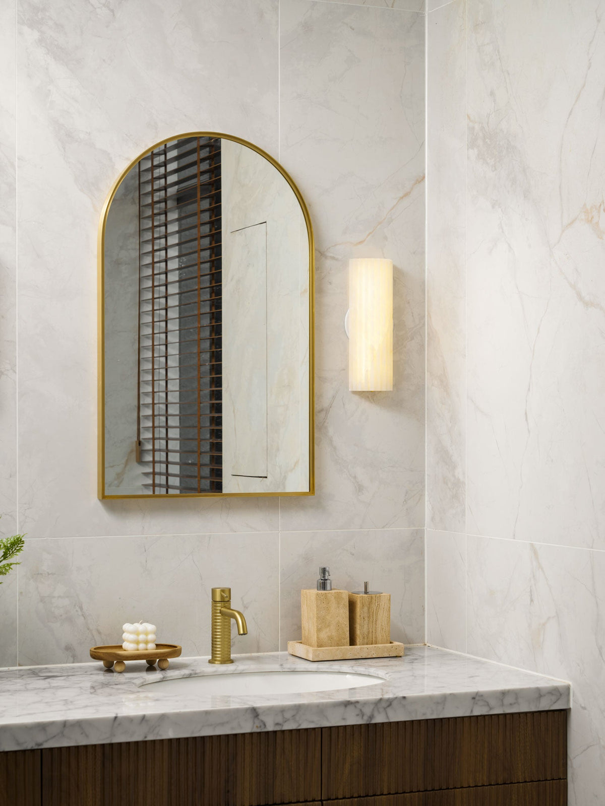 Ribbed Alabaster Wall Sconce, Dimmable LED Stone Wall Light