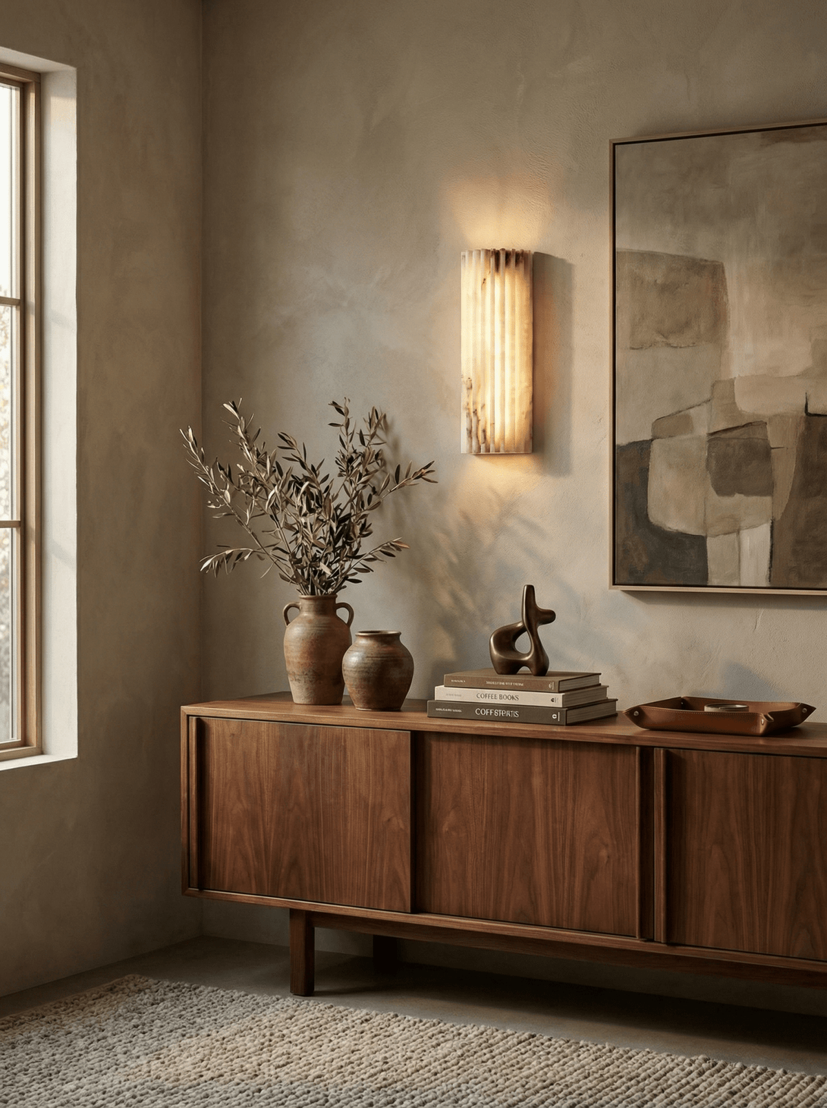 Ribbed Alabaster Wall Sconce, Dimmable LED Stone Wall Light