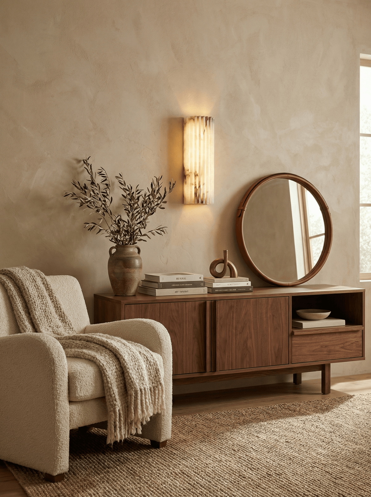 Ribbed Alabaster Wall Sconce, Dimmable LED Stone Wall Light