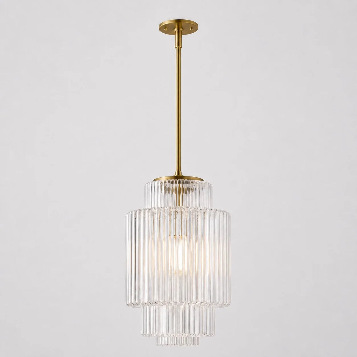 Tiered Glass Pendant Light, Opal Milk Glass, Antique Brass