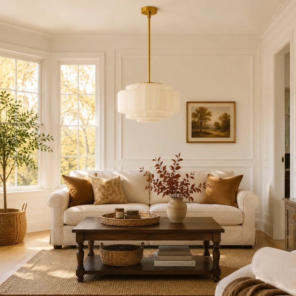 Tiered Glass Pendant Light, Opal Milk Glass, Antique Brass