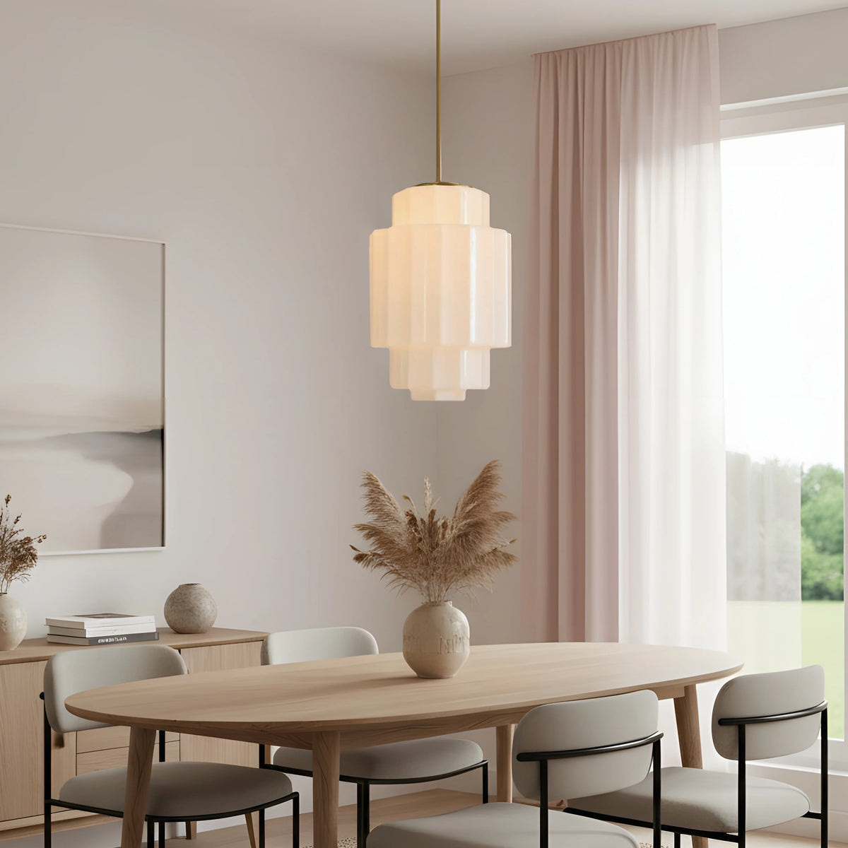 Tiered Glass Pendant Light, Opal Milk Glass, Antique Brass