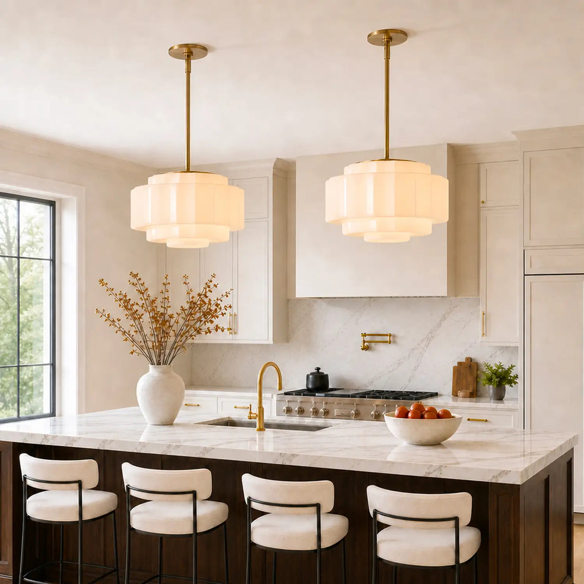 Tiered Glass Pendant Light, Opal Milk Glass, Antique Brass