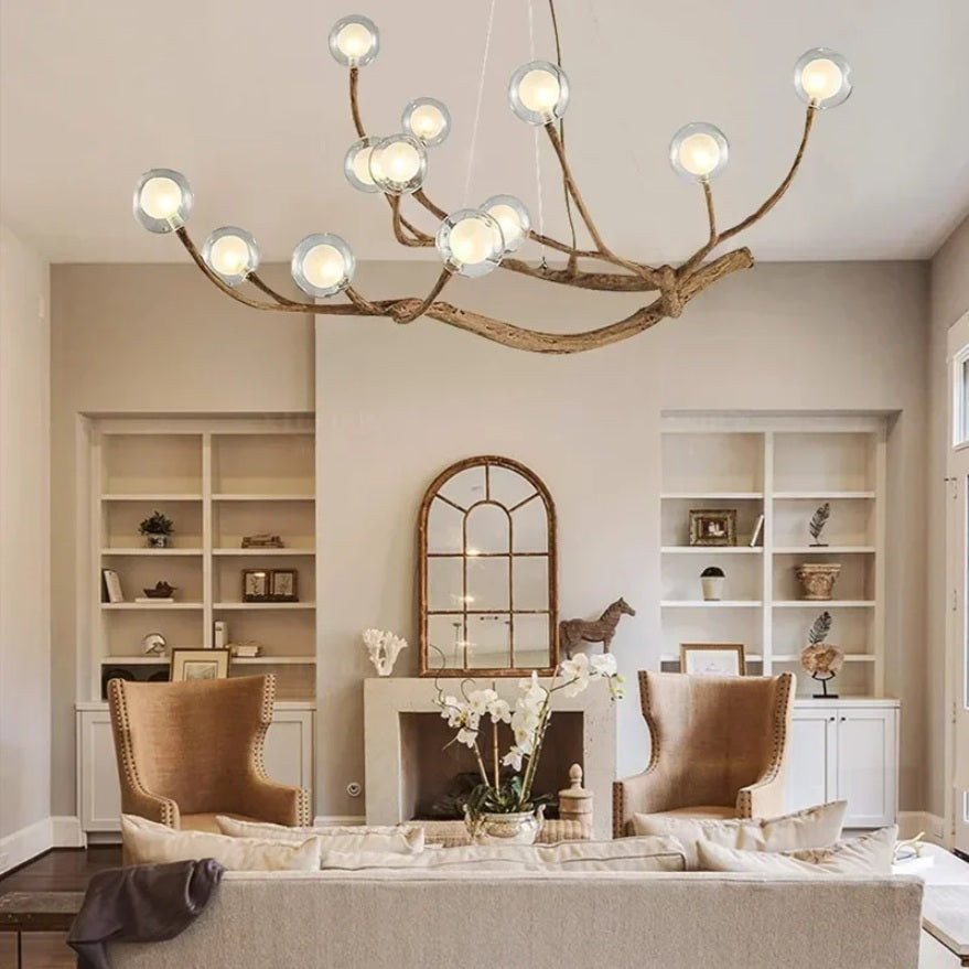 Tree Branch Chandelier, 12-Light Rustic Glass Globe Pendant