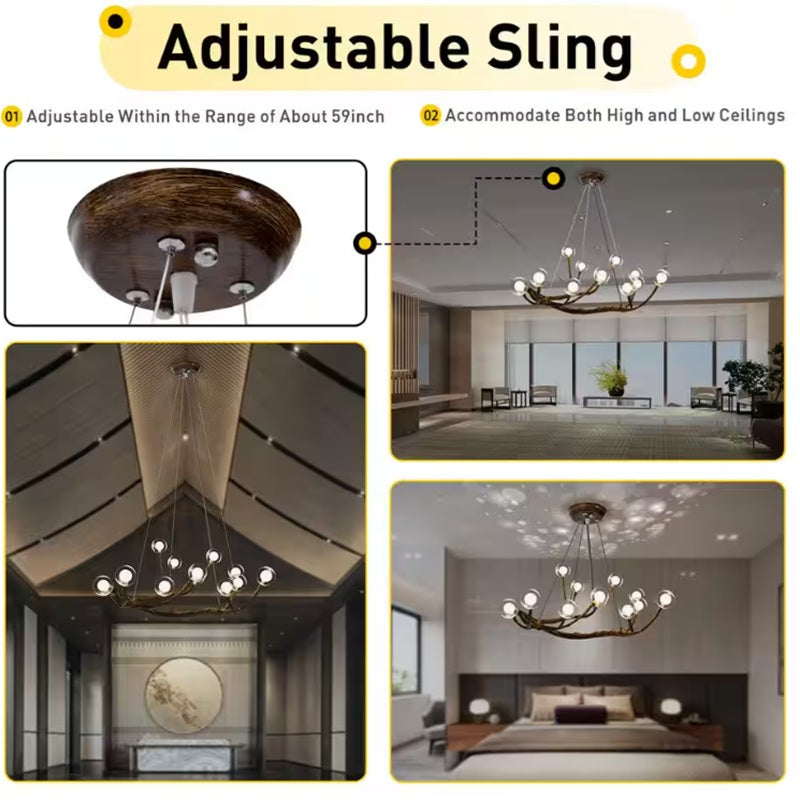 Tree Branch Chandelier, 12-Light Rustic Glass Globe Pendant