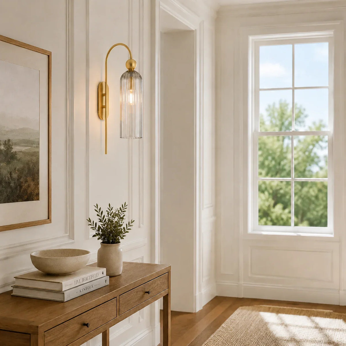 Gold Cylinder Wall Sconce, Tall Ribbed Glass or Alabaster