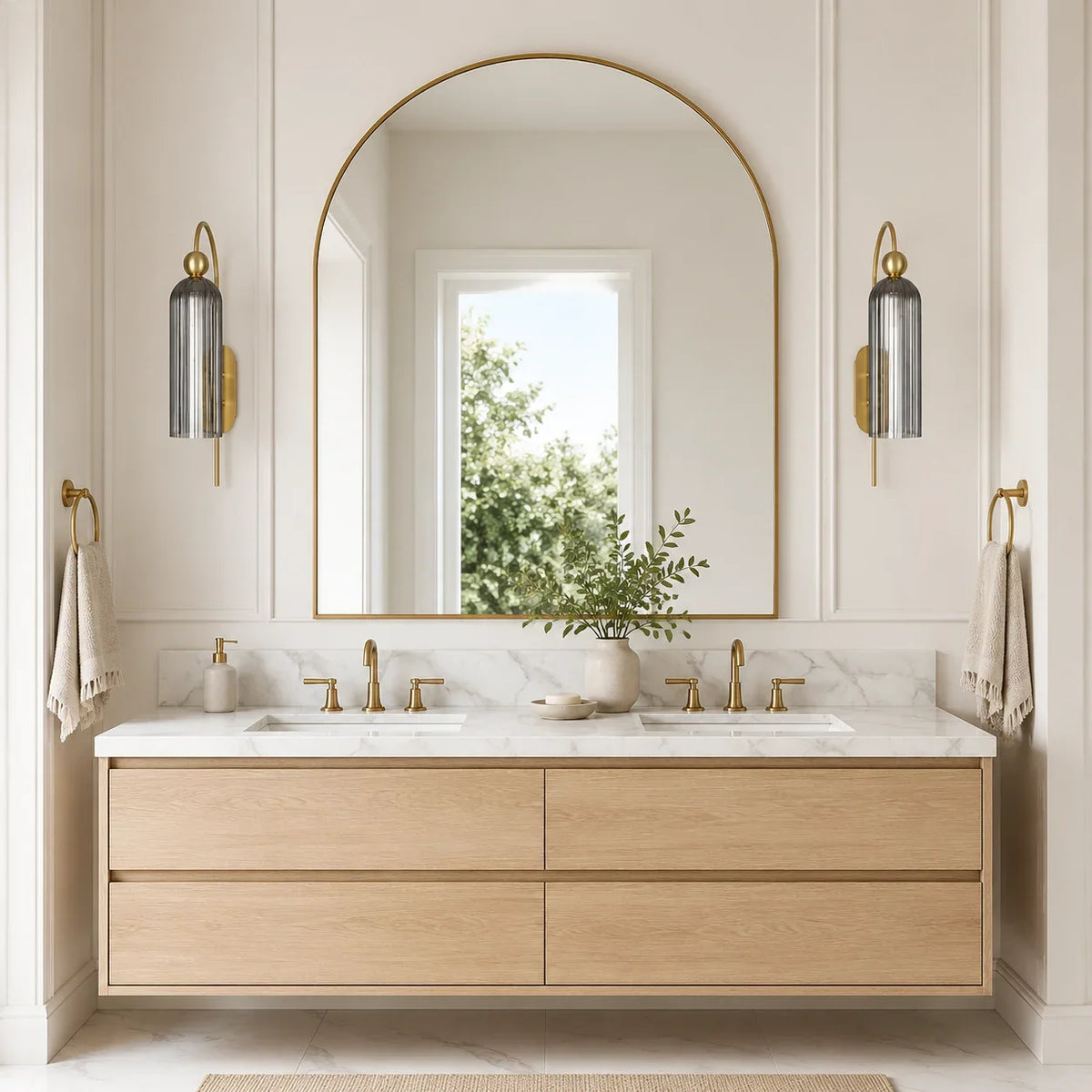 Gold Cylinder Wall Sconce, Tall Ribbed Glass or Alabaster