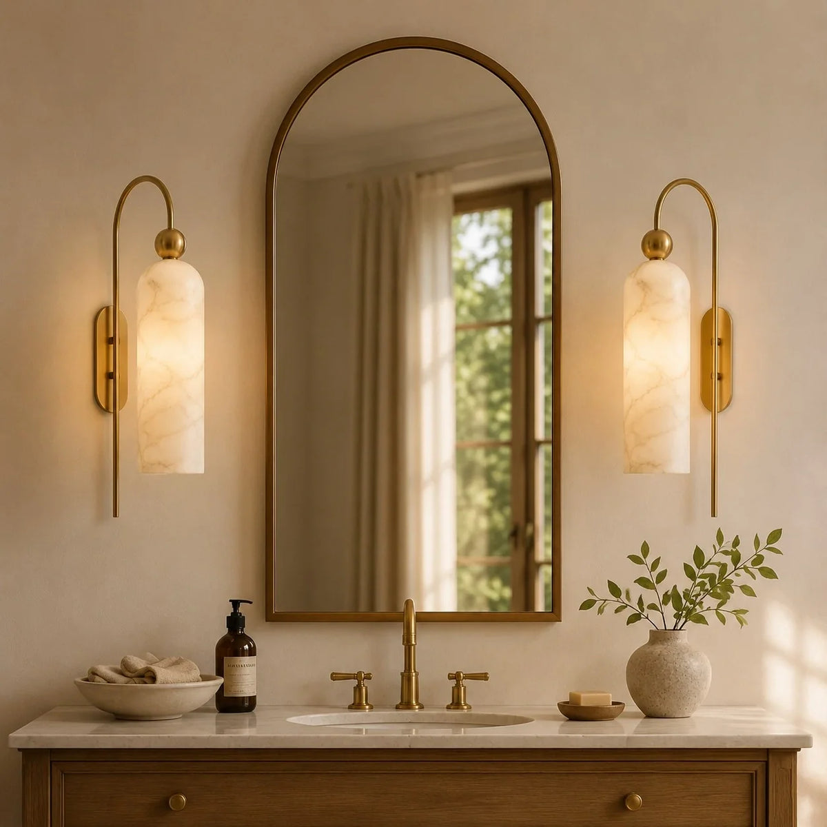 Gold Cylinder Wall Sconce, Tall Ribbed Glass or Alabaster