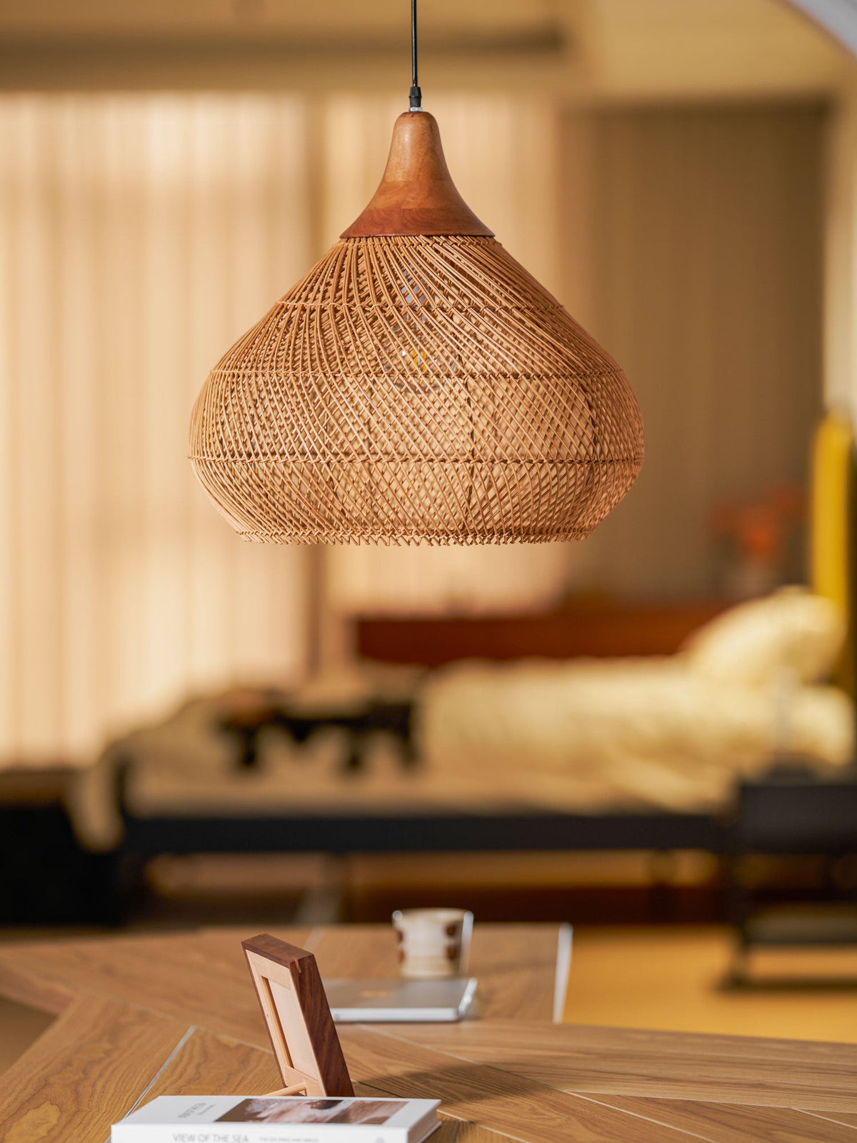Rattan Pendant Light, Handwoven Wood & Rattan Shade