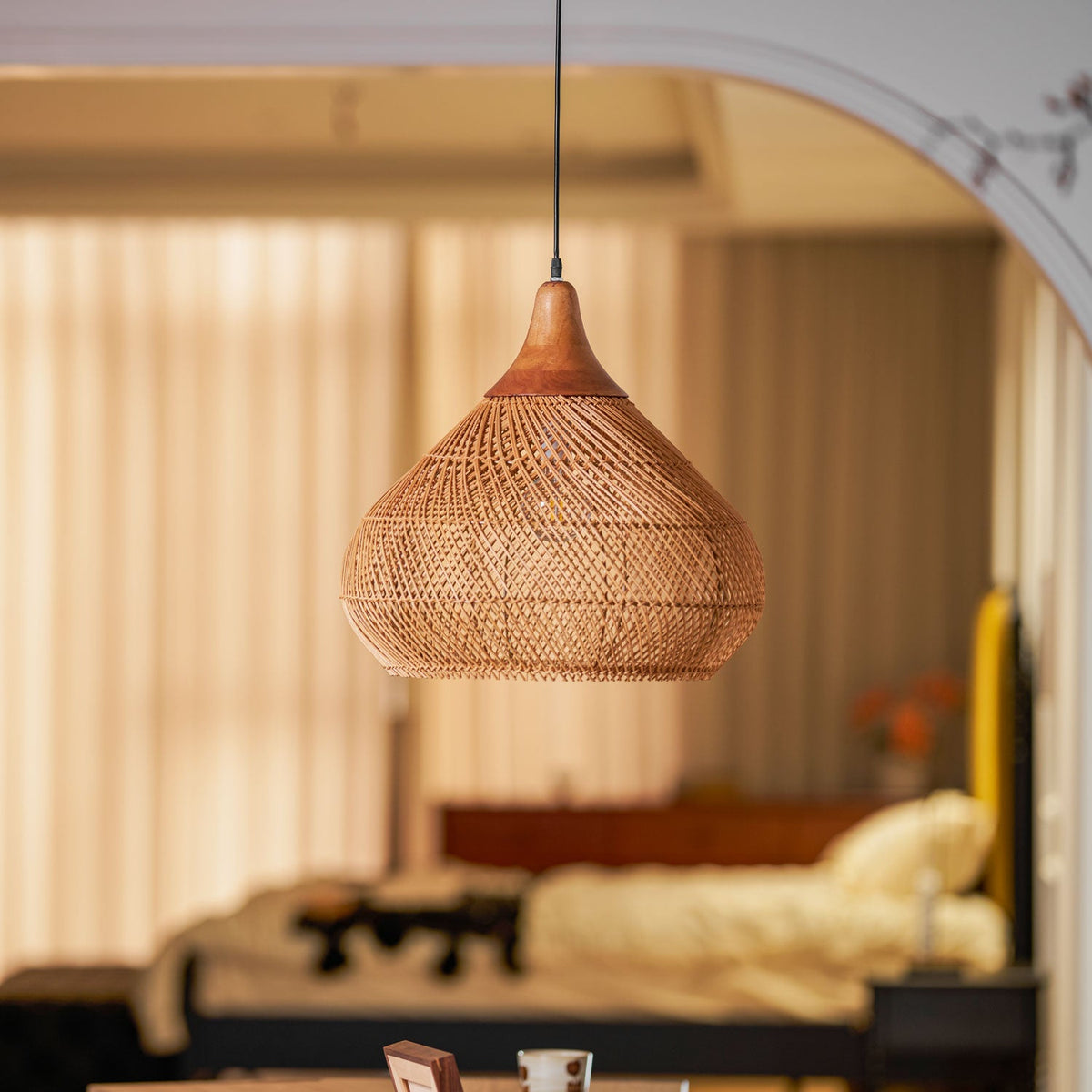 Rattan Pendant Light, Handwoven Wood & Rattan Shade