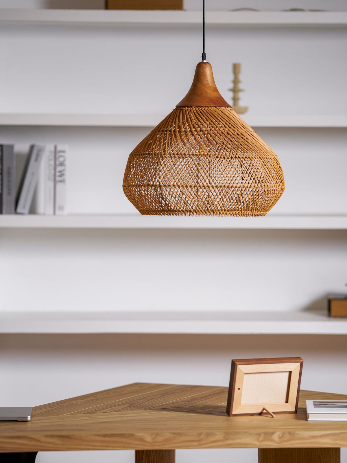 Rattan Pendant Light, Handwoven Wood & Rattan Shade